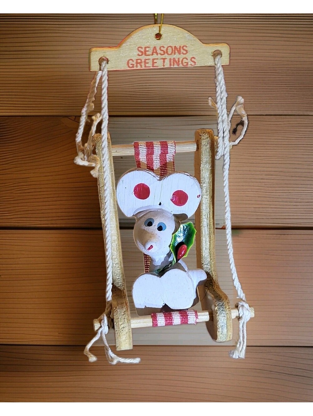 Vtg RARE 1960 Wood Mouse On Swing Swinging Christmas Tree Ornament 4" A55